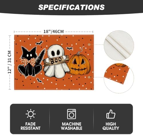 Artoid Mode Orange Cat Ghost Boo Halloween Placemat Set of 4-12 x 18 Inch