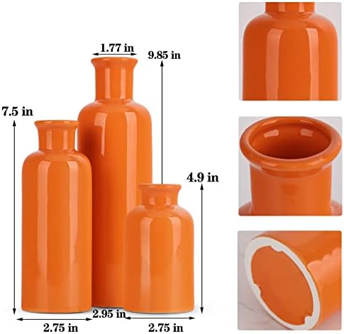 Ceramic Vase Set - 3 Orange Small Vases, Farmhouse Country Flower Vase Home Decor, Living Room Decoration, Table