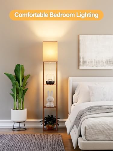 Floor Lamp with Shelves for Living Room Walnut Brown, Shelf Floor Lamp with 3 CCT LED Bulb, Corner Display Standing