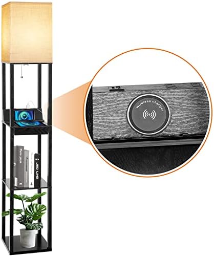 Floor Lamp with Shelves, RUNTOP LED Shelf Floor Lamp with Wireless Charger & 2 Charging USB Ports & Drawer, AC Outlet