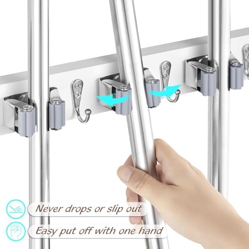 OUTNILI White Mop Broom Holder Wall Mount with 3 Slots & 4 Hooks - Wood Broom Mop Hanger for Pantry Kitchen