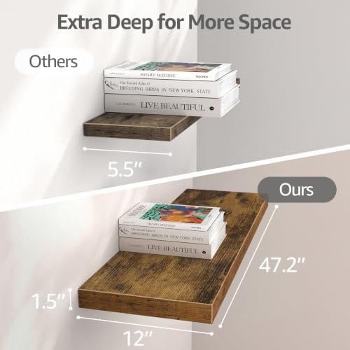 QEEIG 12" Deep Floating Shelves for Wall (Brown, Set of 3, 47.2" x 12")