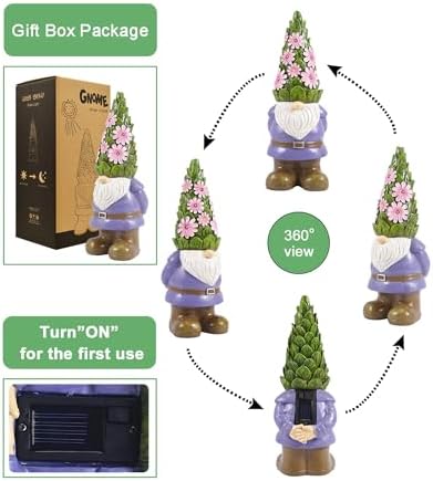 Nacome Solar Garden Outdoor Statues Gnome with Succulent