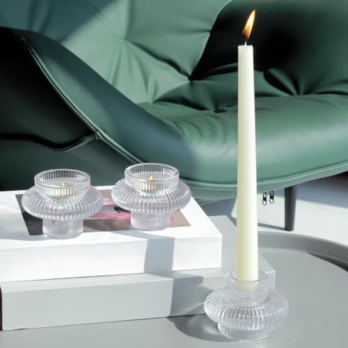 VOHO 12pcs Taper Candle Holders Ribbed Glass, Clear Candle Holder Stackable