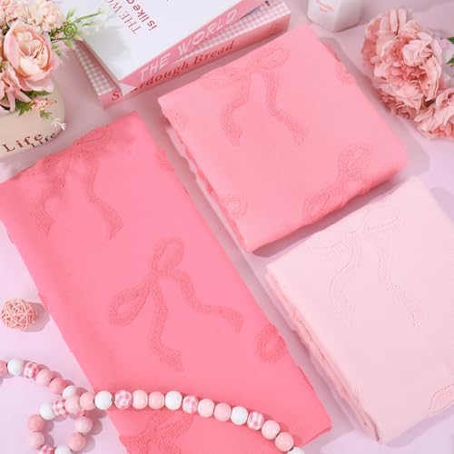 Whaline 3Pcs Pink Bow Hand Towel 3D Jacquard Cotton Towel Absorbent Coquette Dish Towels for Valentine's Day Home Kitchen Bathroom, 13.8 x 29.5 Inch