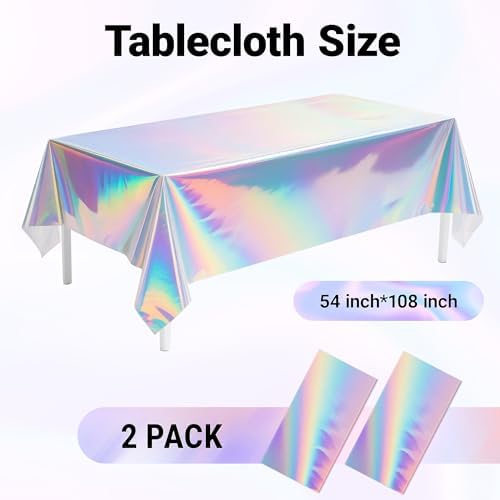 2 Pack Iridescent Tablecloth, 54" x 108" Birthday Party Table Cloths Iridescence Plastic Disposable Table Covers Iridescent Party Decorations, Birthday Decor Tablecloth for Buffet Table