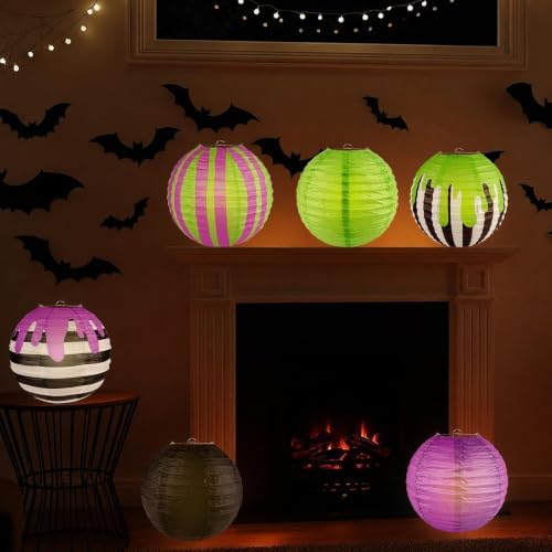 THAWAY 12 Pack 10 inch Halloween Paper Lanterns Black Purple Green Striped