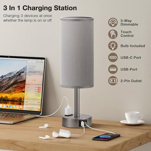 Fenmzee Grey Bedside Lamp for Bedroom, Dimmable Touch, USB A+C, AC Outlet