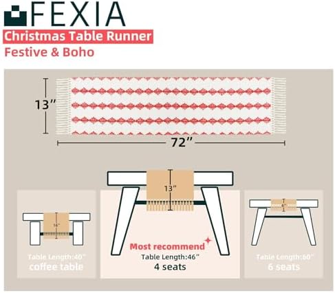 FEXIA Christmas Red Table Runner 13x72 Inches Long Christmas Runner for Table Boho Table Decor Rustic Farmhouse Xmas Decoration for Home Party Decor (Red Square)
