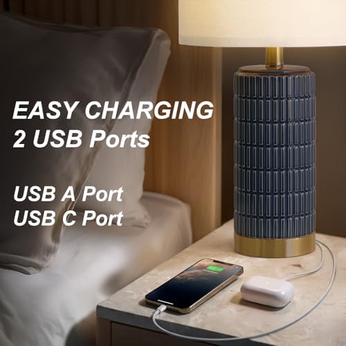PoKat 21.5'' Bedside Table Lamps Set of 2 with USB A+C Ports for Living Room, Ceramic Modern Lamps for Bedroom, Small
