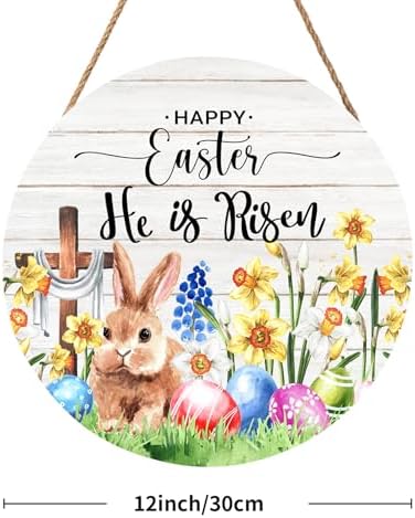Harooni Easter Hanging Sign 12x12 Inch He is Risen Wooden Door Sign