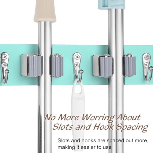 OUTNILI Turquoise Mop Broom Holder Wall Mount with 4 Slots & 4 Hooks - Wood Broom Mop Hanger for Pantry Closet Laundry