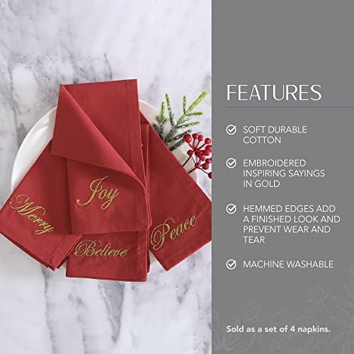 Threadmade Holiday Sentiments Napkins, Set of 4, Red - 20" W x 20" L