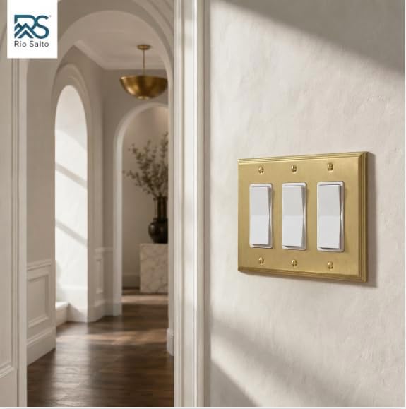 Rio Salto BRASS 3 Light Switch Cover Triple Rocker Paddle Decorator Switch Plate Brushed Gold Metal Outlet Covers