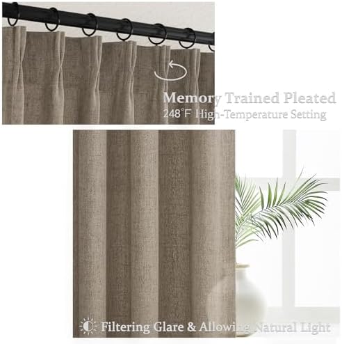 Pinch Pleated Extra Wide Bedroom Curtains 70 x 84 Inches Long 2 Panels Set, Memory Trained Dark Flax Linen Blend Semi