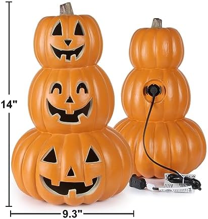 14“ Halloween Pumpkin Lantern - Light Up Pumpkin with Unique 3 Tiers Design - Lightened Large Pumpkin with Waterproof ETL Certified Cord Plug and 2 Safety Fuse - 14 Inch