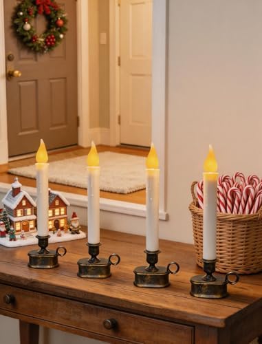 4 Pack Christmas Window Candle Lamps, Flameless Flicker LED Lights and Bronze Base, Dusk to Dawn Light Sensor, 10 Inch Battery Powered Window Candle for Dinners, Table, Party, Valentines Decorations