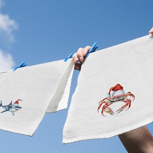 XPH Christmas Beach Kitchen Dish Towels, Crab Shark Gifts for Women, Coastal Crab Shark Christmas Hand Towels Kitchen Tea Towel Decorations, Coastal Xmas Bathroom Decor, 16x24inch Set of 2