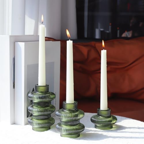 VOHO Green Taper Candle Holders Set of 6, Ribbed Glass Candlestick Holders