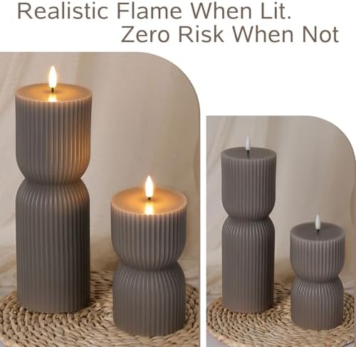 Taupe Ribbed Flameless Pillar Candles with Remote Set of 2