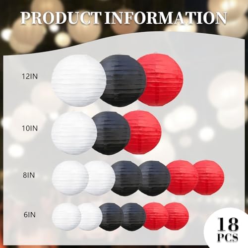 18Pcs Red Black White Paper Lanterns for Parties, 6” 8” 10” 12” Chinese Asian Hanging Round Paper Lanterns for Birthday Wedding Halloween Christmas Home Decor Party Decor