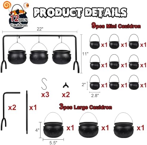 Cauldron Halloween Decor, 12 Pcs Hanging Witches Cauldron Serving Set Bowls