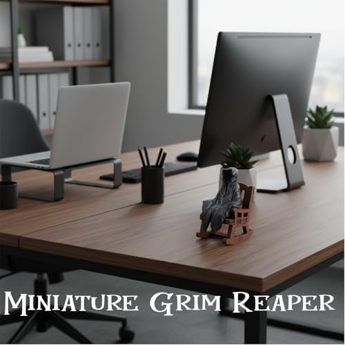 Grim Reaper Statue on Rocking Chair, Cute Miniature The Suriel Decor for Bookshelf, Spooky Goth Decor Home Shelf Sitter Figurine, Funny Resin Knick Knacks for Desk & Office (Black)