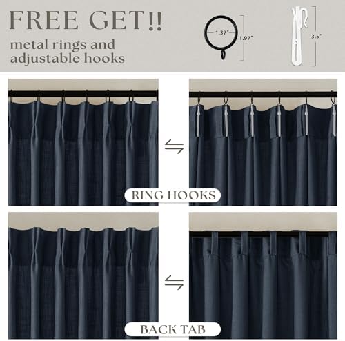 TWODRAPES Navy Blue Linen Pinch Pleated Curtains 96 Inches Long 2 Panels