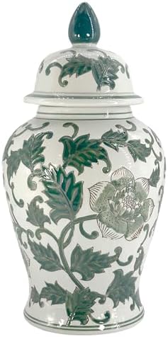Galt International Green Blossom Floral Chinoiserie Ceramic Temple Jar 18" w/Lid - Ginger Jar Home & Kitchen Decor for