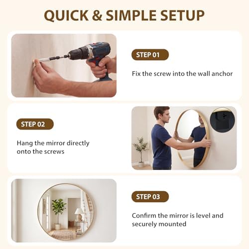 Bathroom Round Mirrors for Over Sink, 24 Inch Wall Circle Mirror with Matte Metal Frame, Modern Wall Mount Vanity