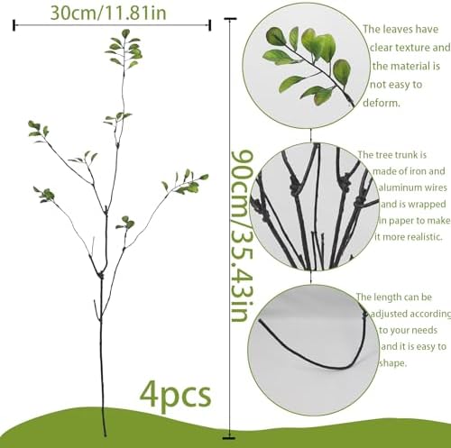 Artificial Greenery Stems Plants 35.4" Faux Branches for Vase Filler Fake Ficus / Green / Set of 4