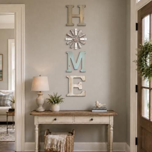 ZAZIWZ Farmhouse Home Signs with Windmill Clock Wall Decor Rustic Home Letters Wall Art for Living Room Kitchen