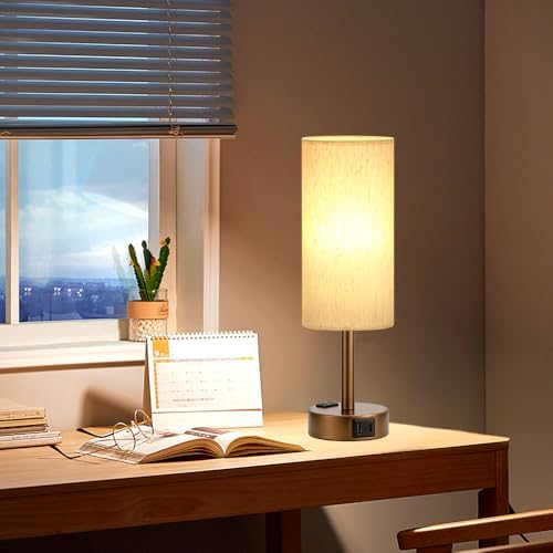 Fenmzee Brown Bedside Lamp for Bedroom, Dimmable Touch, USB A+C, AC Outlet