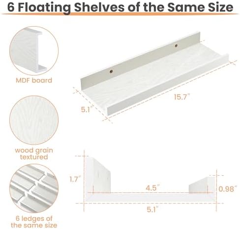 upsimples Floating Shelves for Wall Decor and Storage, White, 6Pcs 15.7''