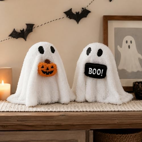 Bunny Chorus Halloween Ghost Table Decorations, 2pcs Draped Plush Ghost Decor, Cute Cozy Halloween Decor Indoor for Desk Mantel Tiered Tray Shelf Fireplace Centerpieces Home Office Party Kids Gifts