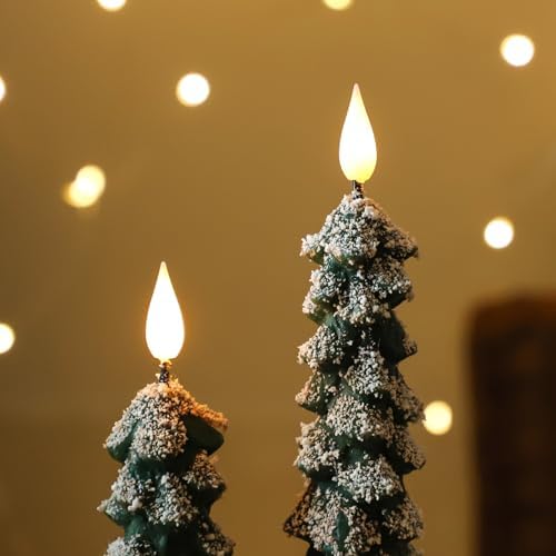 MUMCHASI 4 Pcs Flameless Taper Candles, Christmas Tree Candles with Remote, Battery Operated Candlesticks, Flickering LED Window Candlelights Real Wax Christmas Candlesticks H9.45,11.4”Green