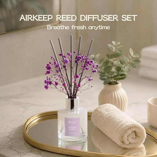 Airkeep Reed Diffuser Set,3.38 fl oz (100 ml) - Lavender Garden Oil Diffusers with 8 Reed Sticks, Home Fragrance Reed