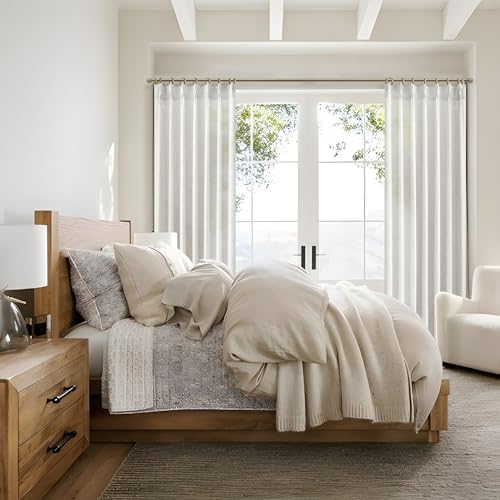 Off Beige White Farmhouse Kitchen Sheer Curtains 45 Inch Length 2 Panels, Cute Memory Trained Pinch Pleated Linen Semi