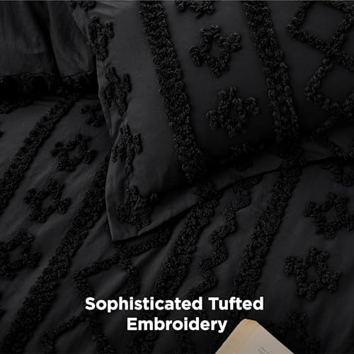Bedsure Tufted Boho Comforter Set California King - Black Boho Bed Set, GentleSoft™ 3 Pieces Farmhouse-Style Embroidery