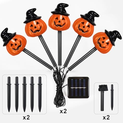 BRIGHTDECK Halloween Pumpkin Stake Lights, Set of 10 Solar Pumpkin Lights, Waterproof Halloween Decorations for Outdoor Garden and Yard (Hat Pumpkin)