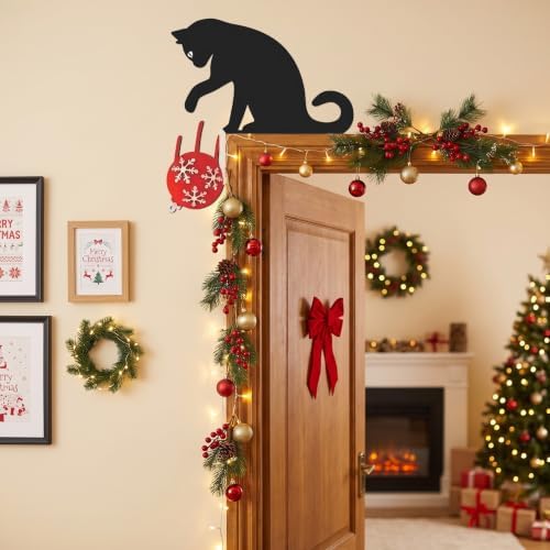 Morningro 4 Pcs Christmas Themed Door Frame Topper Black Cat Metal Wall Art