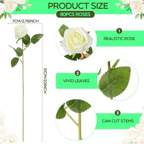 Hotop 80 Pcs Artificial Roses Flowers Bulk, White