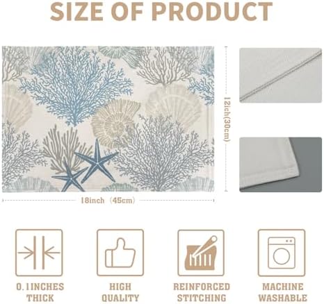 Nautical Coastal Placemats Set of 6 18x12 Inch Summer Beach Themed Linen Place Mats Heat-Resistant Washable Wipeable Seashell Starfish Coral Table Mat for Party Kitchen Dining Room Dinner Table Decor