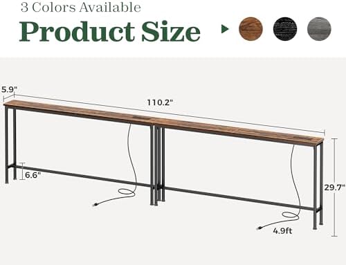 SUPERJARE 110.2 inch Narrow Behind Couch Table with Charging Stations