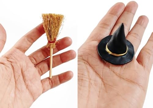 GXXMEI 50PCS/set Mini Witch Hat with Mini Broom Miniature Straw Brooms with Red Rope Plastic Witch Hats and Brooms for Halloween for Halloween Party Craft Witches Decoration Accessory