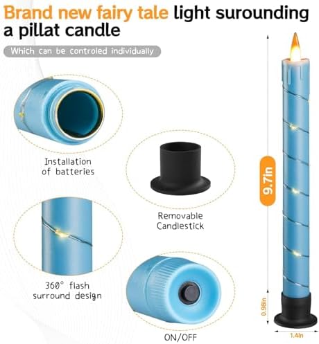 Flameless Cone Candle with Built-in Star String Light, 11 Button Remote Control, Timer, Battery Powered, Analog Flame, 3 Pack of Window Candles, Christmas Home & Wedding Decoration (Sky Blue)