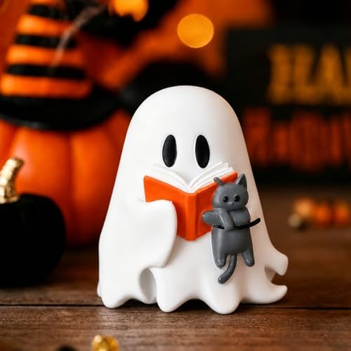 Vicenpal Halloween Ghost Reading Book Figurine Resin Spooky Tabletop Decor