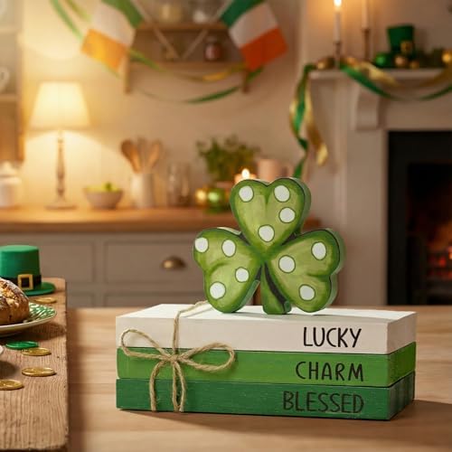 Smile St. Patrick's Day Wooden Decor Blocks LUCKY CHARM BLESSED Shamrock, Tabletop Shelf Wood Sign for Home Office Holiday Lucky Decoration
