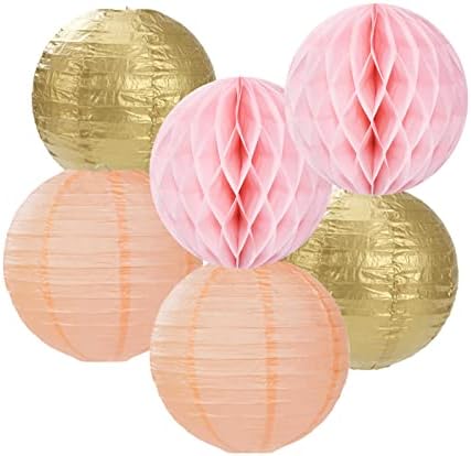 Pink Peach Gold Party Decorations - 14pcs Bridal Baby Shower Girls Birthday Paper Lanterns Fan,Tissue Pom Poms Streamers,Honeycomb Balls,Engagement Wedding Bachelorette Brunch Decor Lasting Surprise