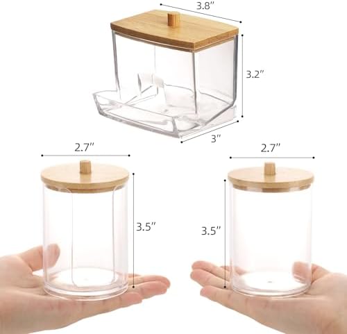 Tbestmax Bathroom Organizer Accessories Set-10 OZ Qtips Holder Storage with Bamboo Lids, Cotton Ball/Swabs Dispenser